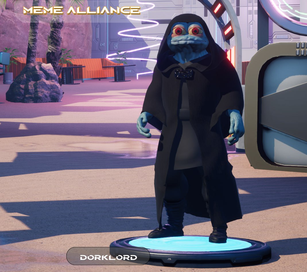 A 3D rendered DorkLord standing cloaked on a glowing holo-pad