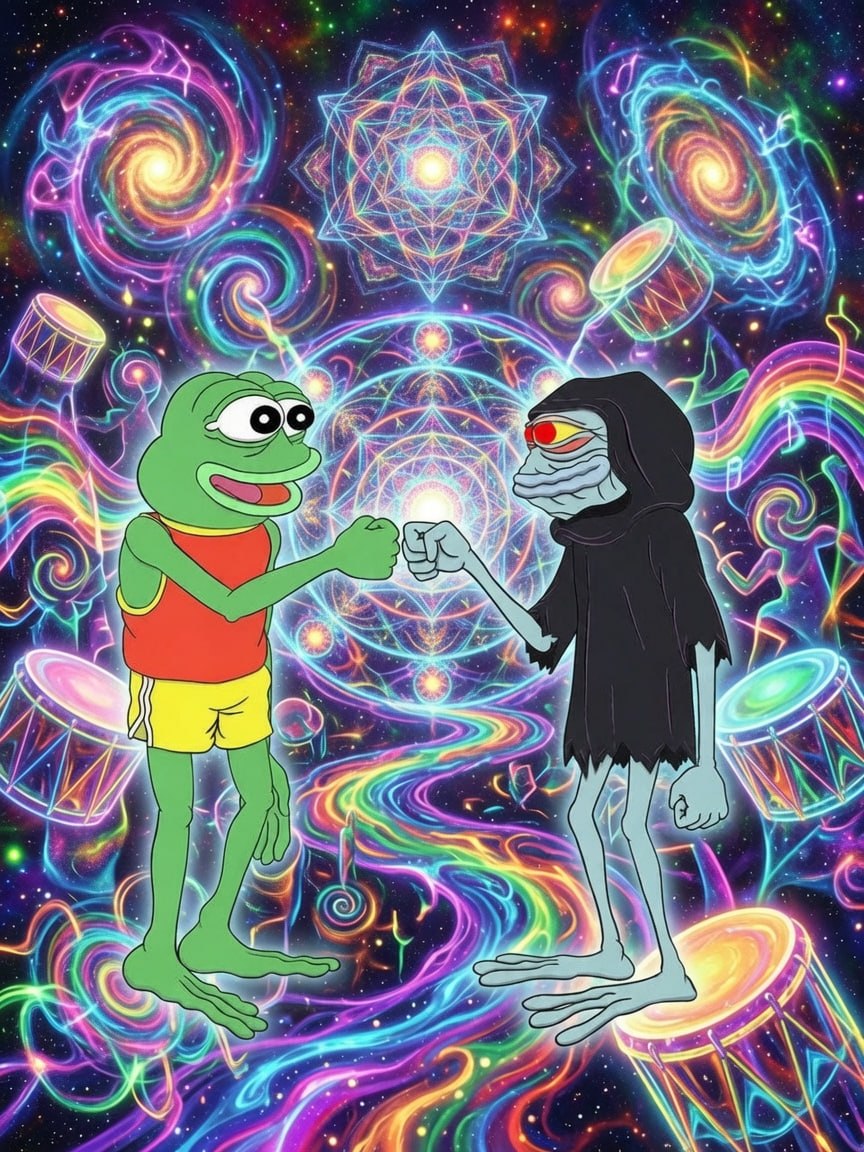 Pepe and DorkLord fist-bumping across a psychedelic cosmos