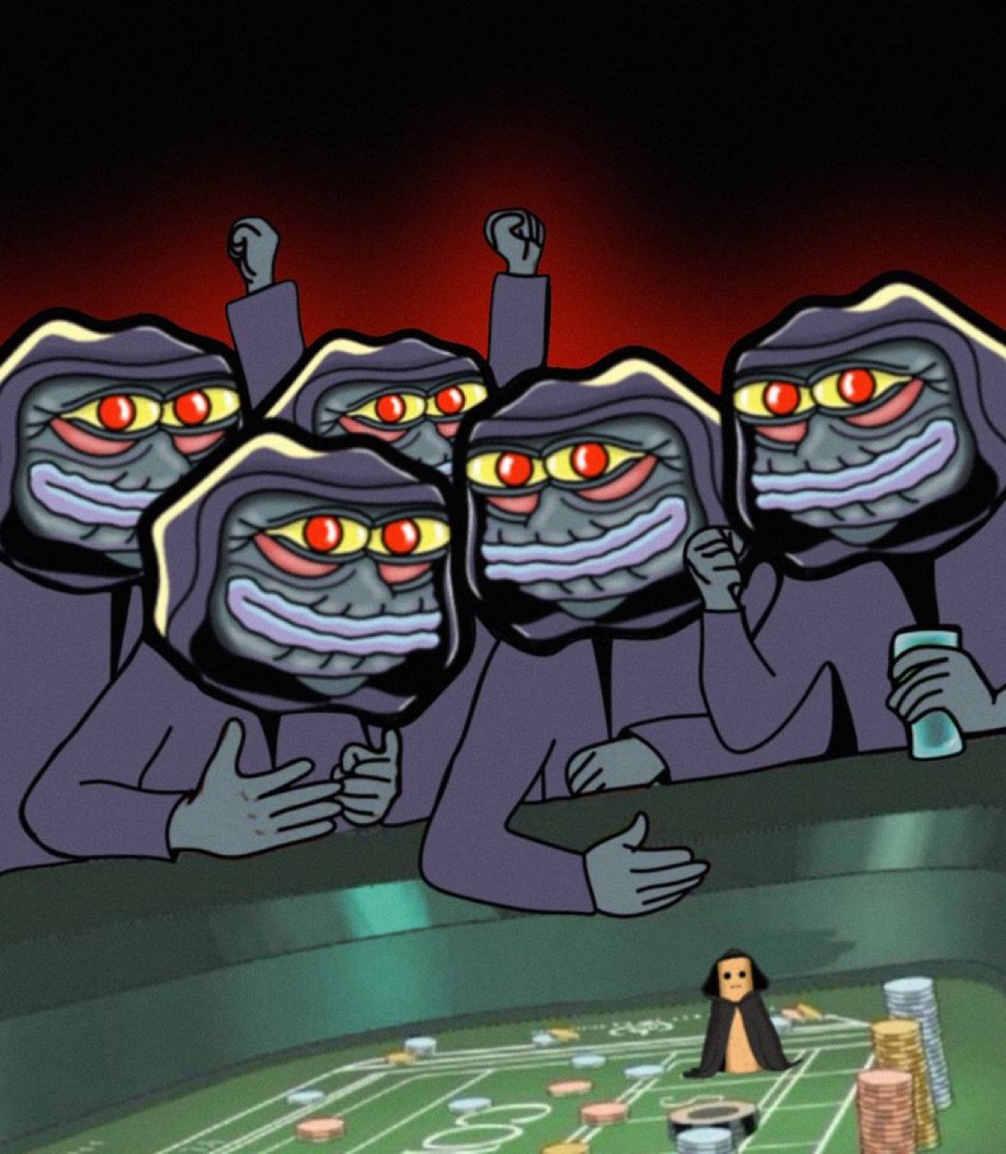 A gang of red-eyed cloaked Dorks around a casino table